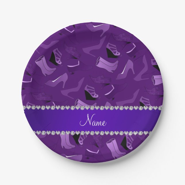 Personalized name purple women's shoes pattern paper plate (Front)