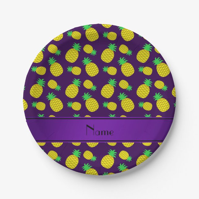 Personalized name purple yellow pineapples paper plate (Front)