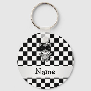 Personalized name raccoon black white checkers keychain