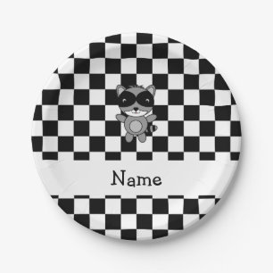 Personalized name raccoon black white checkers paper plate