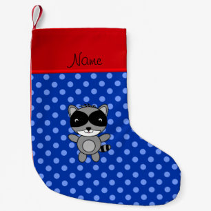 Personalized name raccoon blue polka dots small christmas stocking