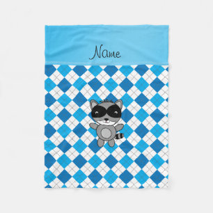 Personalized name raccoon blue white argyle fleece blanket