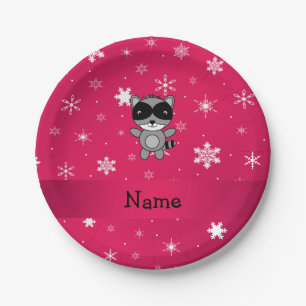 Personalized name raccoon pink snowflakes paper plate