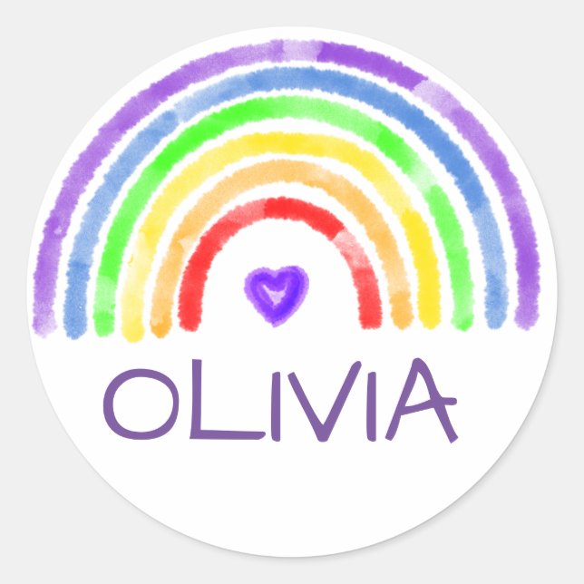 Personalized Name Rainbow and Heart Watercolor Classic Round Sticker (Front)
