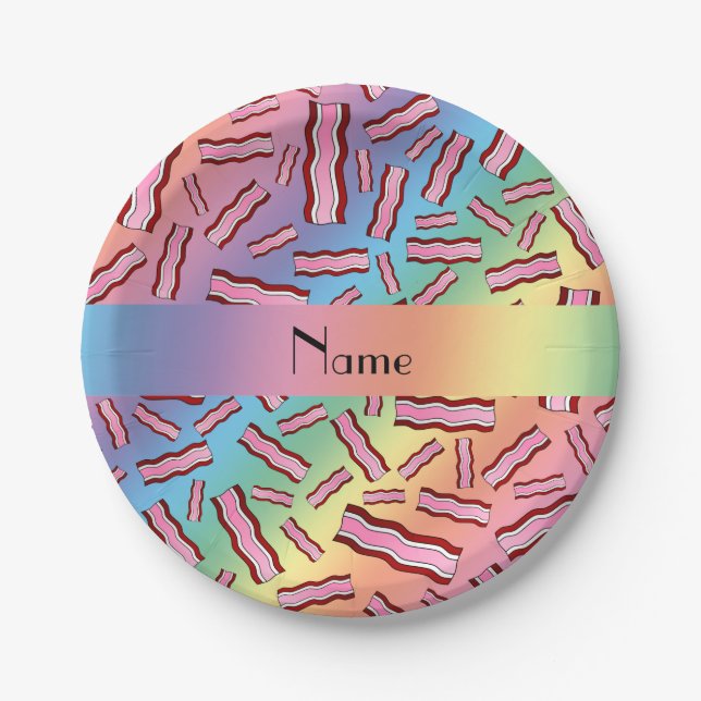 Personalized name rainbow bacon pattern paper plate (Front)