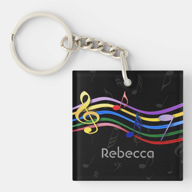 Personalized Name Rainbow Coloured Music Notes Keychain (Front)