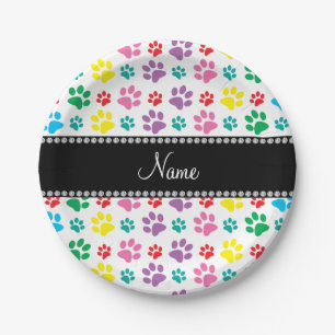 Personalized name rainbow dog paws paper plate