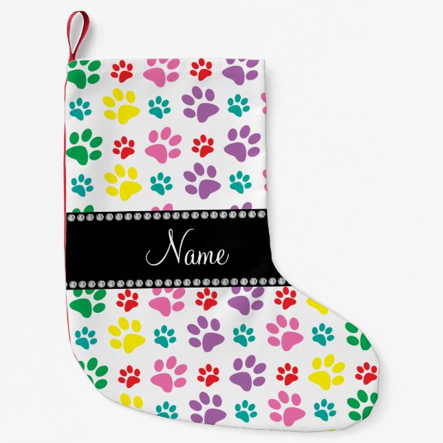 Personalized name rainbow dog paws small christmas stocking (Front)