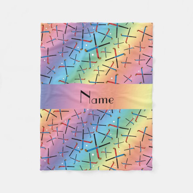 Personalized name rainbow field hockey fleece blanket (Front)