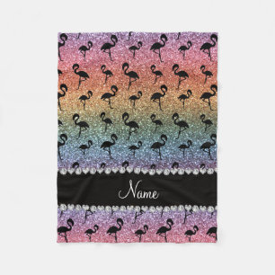 Personalized name rainbow glitter flamingos fleece blanket