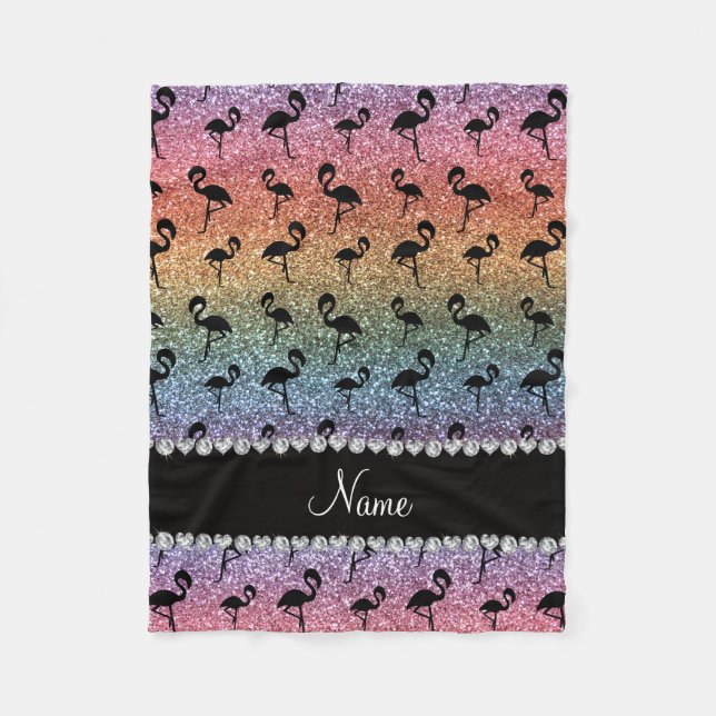 Personalized name rainbow glitter flamingos fleece blanket (Front)