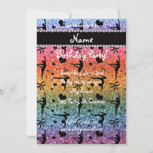 Personalized name rainbow glitter gymnastics invitation