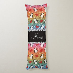 Personalized name rainbow glitter penguins hearts body pillow