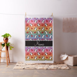 Personalized name rainbow glitter penguins hearts fabric