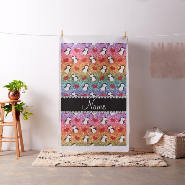 Personalized name rainbow glitter penguins hearts fabric (In Situ)