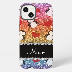 Personalized name rainbow glitter penguins hearts iPhone 13 case
