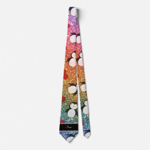 Personalized name rainbow glitter penguins hearts tie