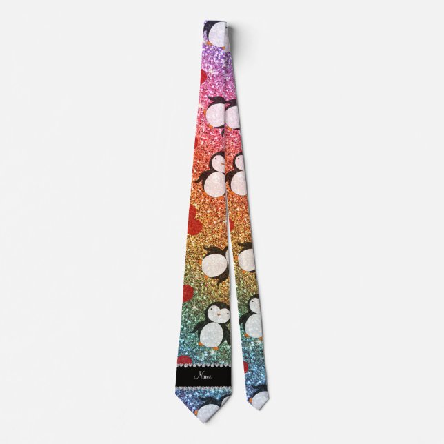 Personalized name rainbow glitter penguins hearts tie (Front)