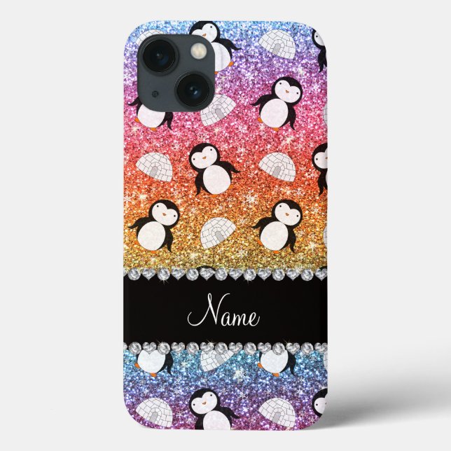 Personalized name rainbow glitter penguins igloos Case-Mate iPhone case (Back)