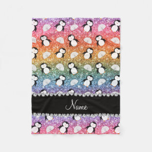 Personalized name rainbow glitter penguins igloos fleece blanket