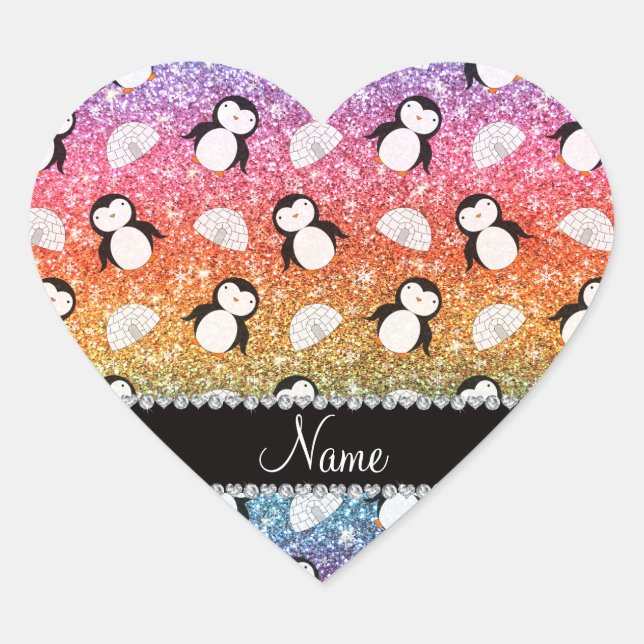 Personalized name rainbow glitter penguins igloos heart sticker (Front)