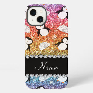 Personalized name rainbow glitter penguins igloos iPhone 13 case