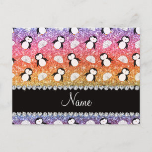 Personalized name rainbow glitter penguins igloos postcard
