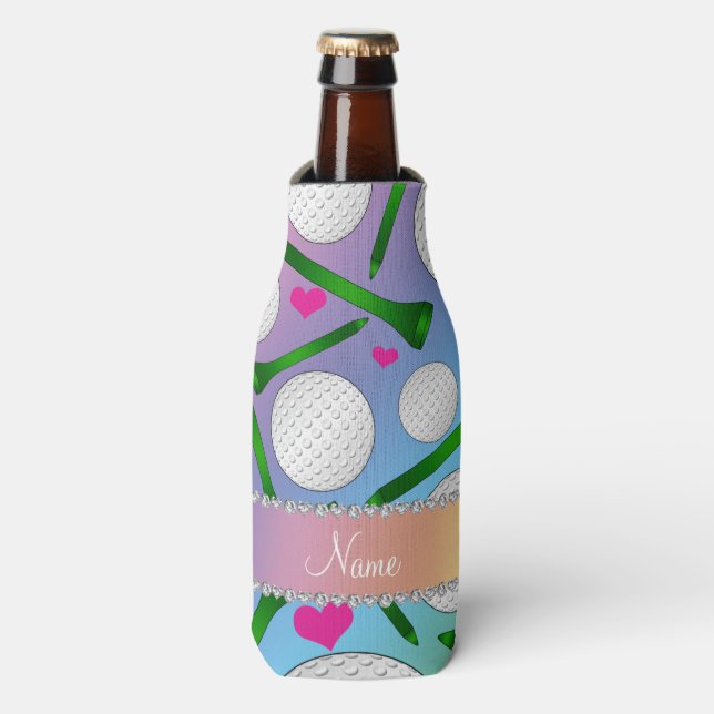 Personalized name rainbow golf balls tees hearts bottle cooler (Bottle Front)