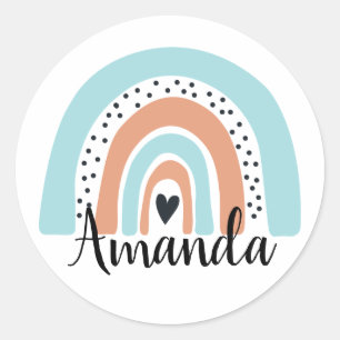 Personalized Name Rainbow Heart Blue Peach Classic Round Sticker