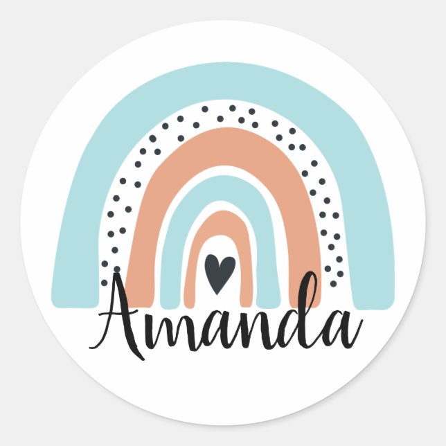 Personalized Name Rainbow Heart Blue Peach Classic Round Sticker (Front)
