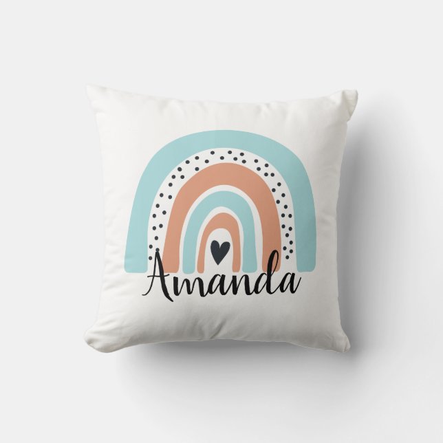 Personalized Name Rainbow Heart Blue Peach Throw Pillow (Front)