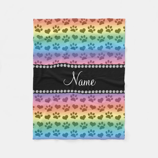 Personalized name rainbow hearts and paw prints fleece blanket (Front)