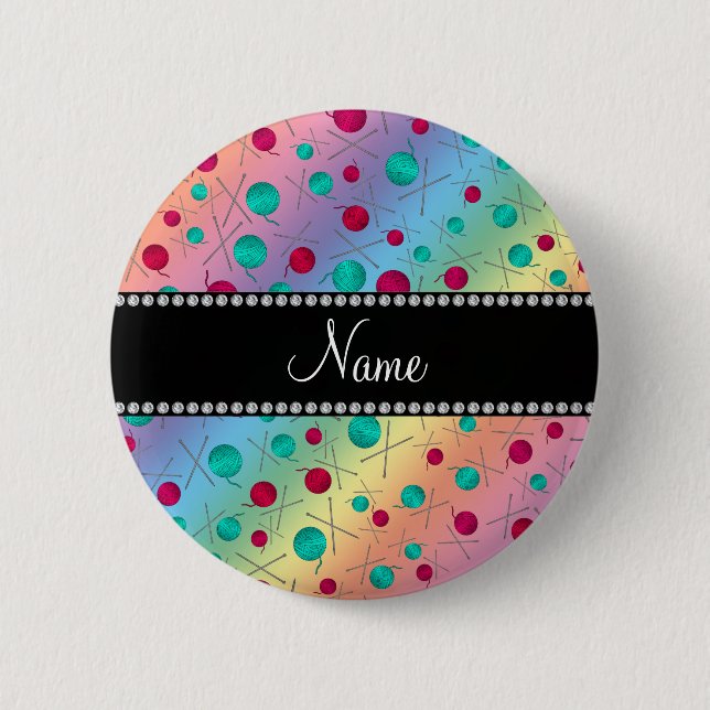 Personalized name rainbow knitting pattern 2 inch round button (Front)