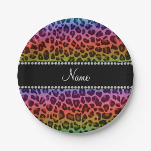Personalized name rainbow leopard pattern paper plate