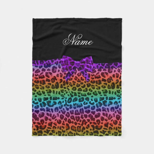 Personalized name rainbow leopard print purple bow fleece blanket (Front)