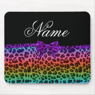 Personalized name rainbow leopard print purple bow mouse pad