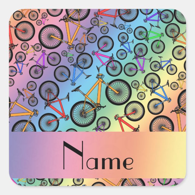 Personalized name rainbow mountain bikes square sticker (Front)
