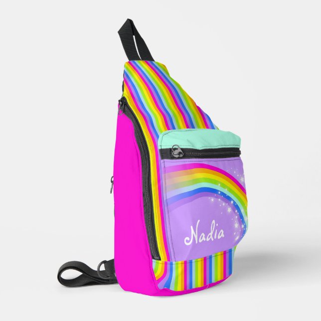 Personalized name rainbow purple kids school sling bag (Left Corner)