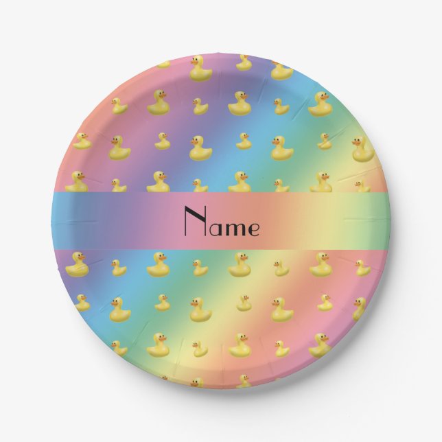 Personalized name rainbow rubber duck pattern paper plate (Front)