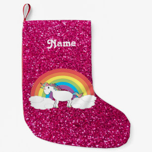 Personalized name rainbow unicorn hot pink glitter small christmas stocking