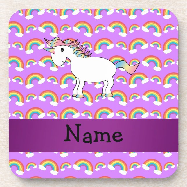 Personalized name rainbow unicorn purple rainbows coaster (Front)