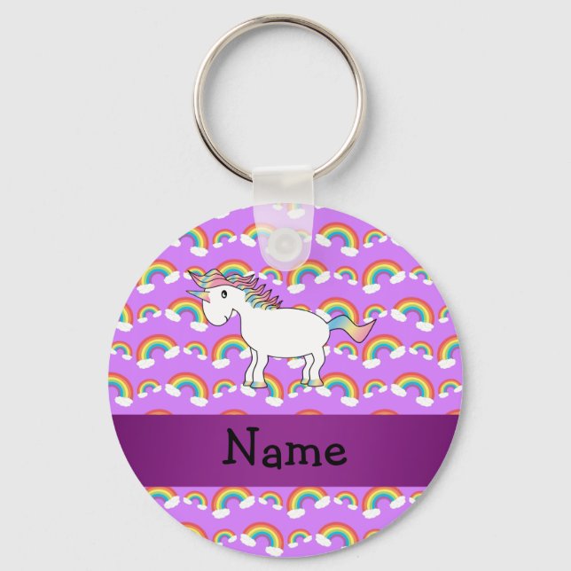 Personalized name rainbow unicorn purple rainbows keychain (Front)