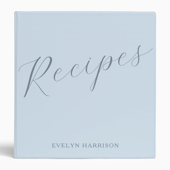Personalized Name Recipe Keeper Soft Blue Script Binder (Front)