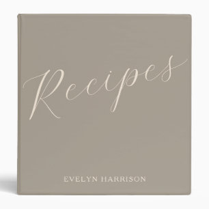 Personalized Name Recipe Keeper Taupe Brown Script Binder