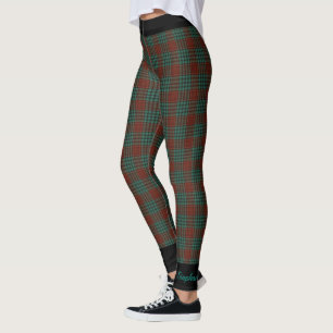Personalized Name, Red and Teal Plaid, Black Trim Leggings