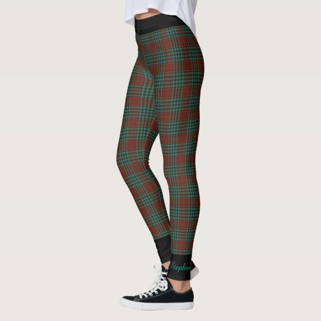 Personalized Name, Red and Teal Plaid, Black Trim Leggings (Left)