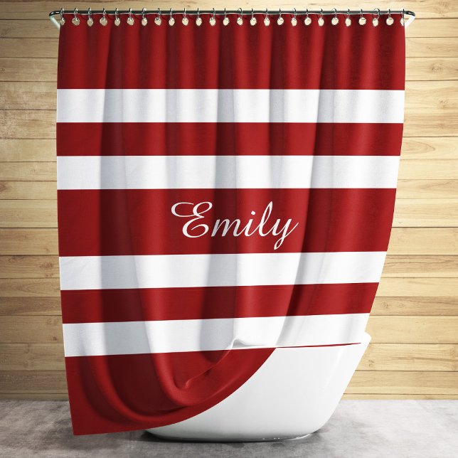 Personalized Name Red And White Bold Stripes (Modern Red Stripes Pattern Shower Curtain)