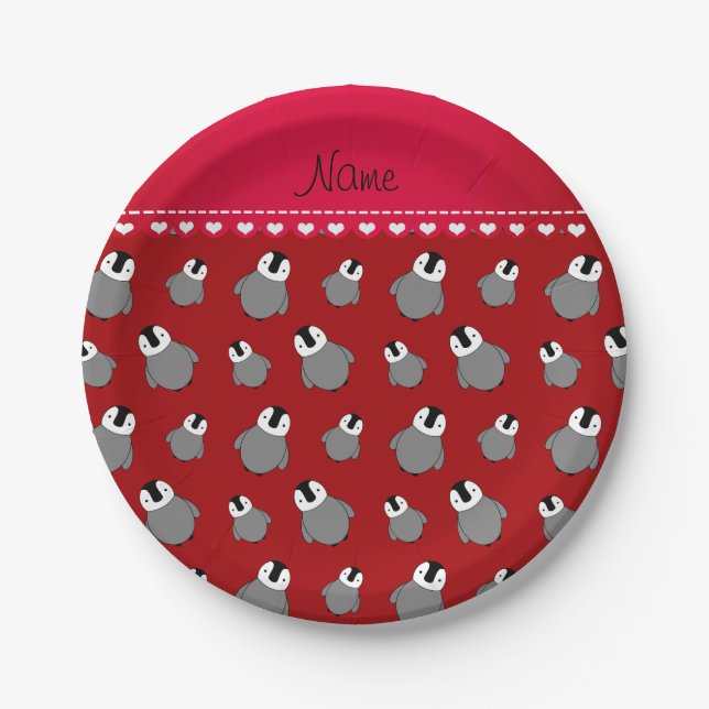 Personalized name red baby penguins paper plate (Front)