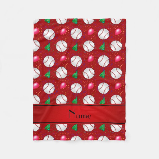 Personalized name red baseball birthday pattern fleece blanket (Front)