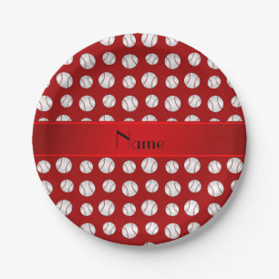 Personalized name red baseballs pattern paper plate